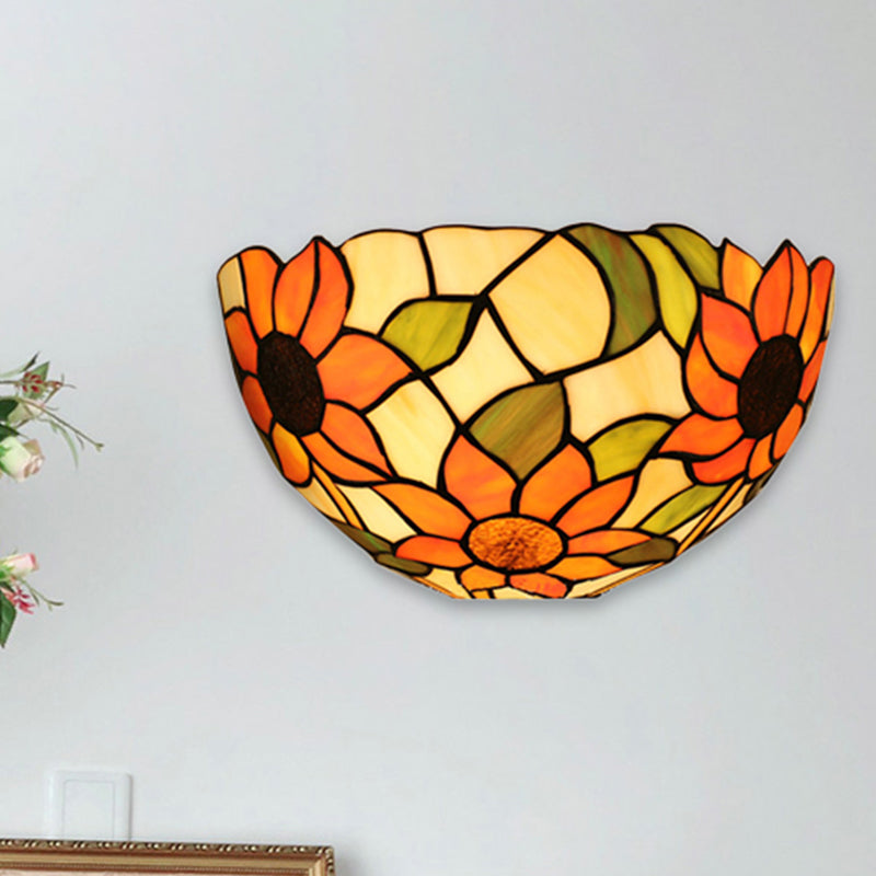 Sunflower Wall Lighting with Bowl Shade Stained Glass Rustic Tiffany Sconce Light