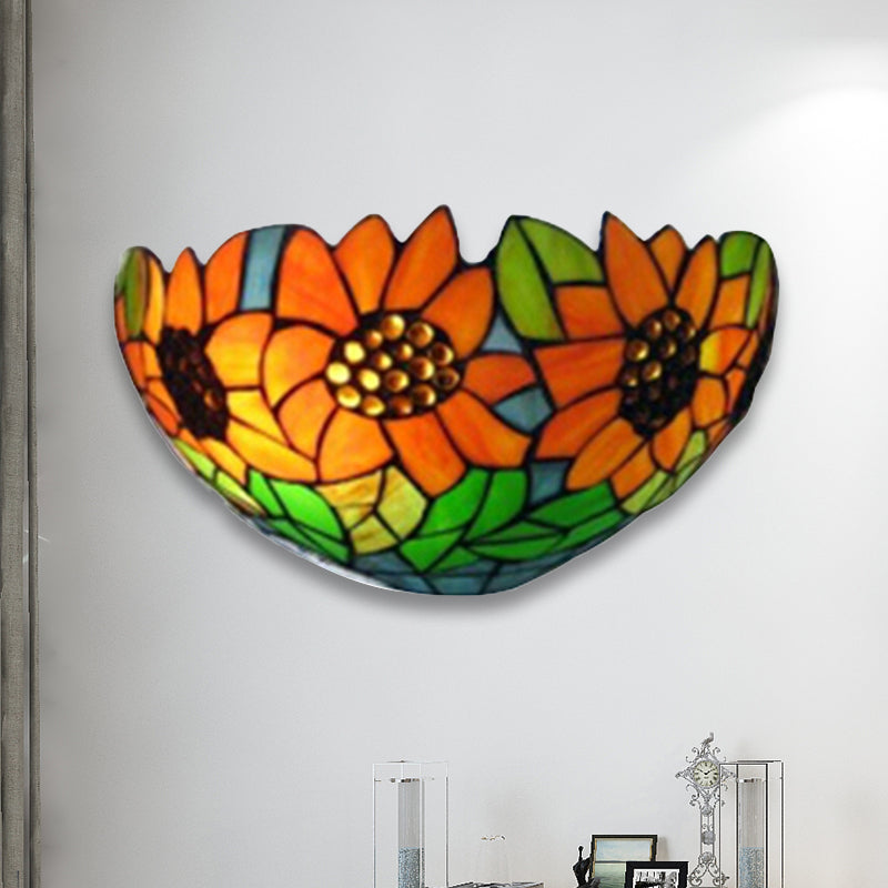 Sunflower Wall Lighting with Bowl Shade Stained Glass Rustic Tiffany Sconce Light
