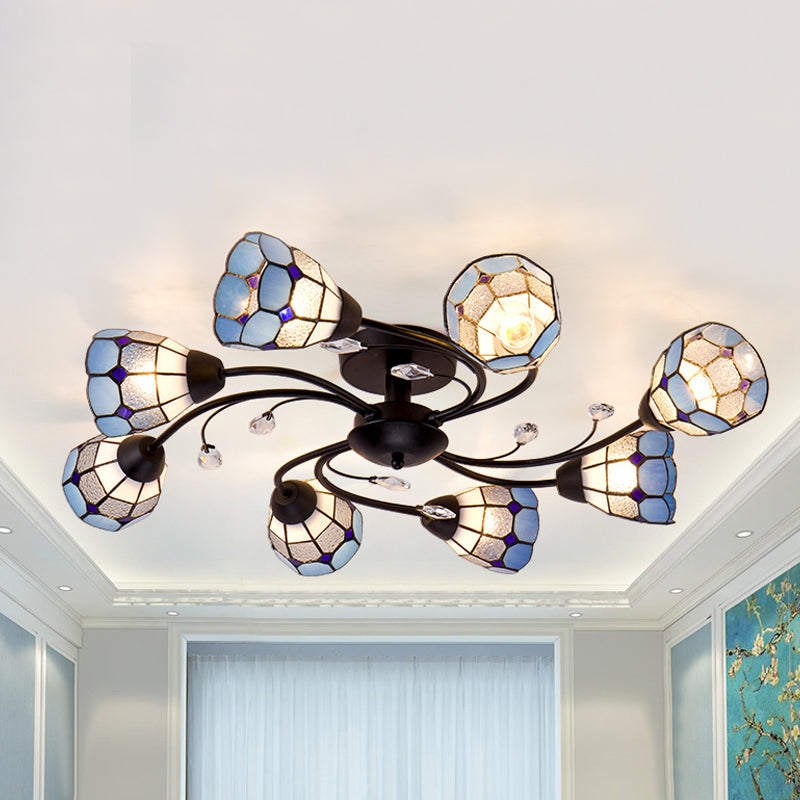 Tiffany Semi-encastré avec bras tourbillonnant et abat-jour en forme de dôme, plafonnier en verre artistique à 8 lumières, Orange/bleu, pour le salon