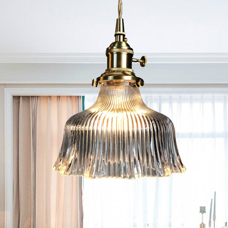 Hedendaagse hanglamp met koperen lampbus 1 licht gecanneleerd glazen hanglampje voor keuken