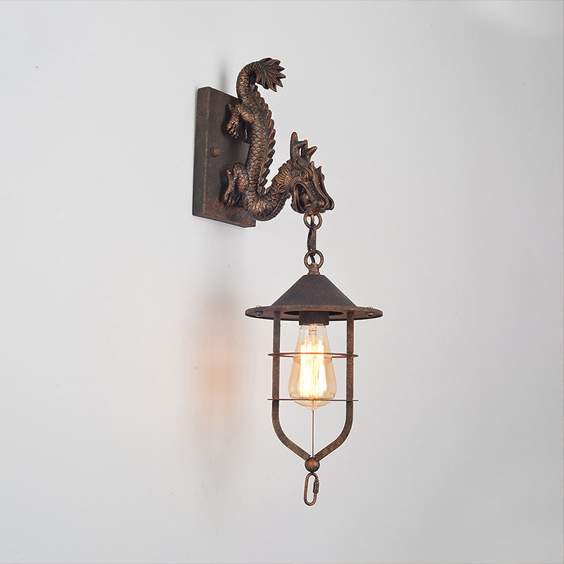 Caged Coffee Shop Wall Light Fixture Traditional Metal 1 Light Rust Sconce Lamp with Dragon