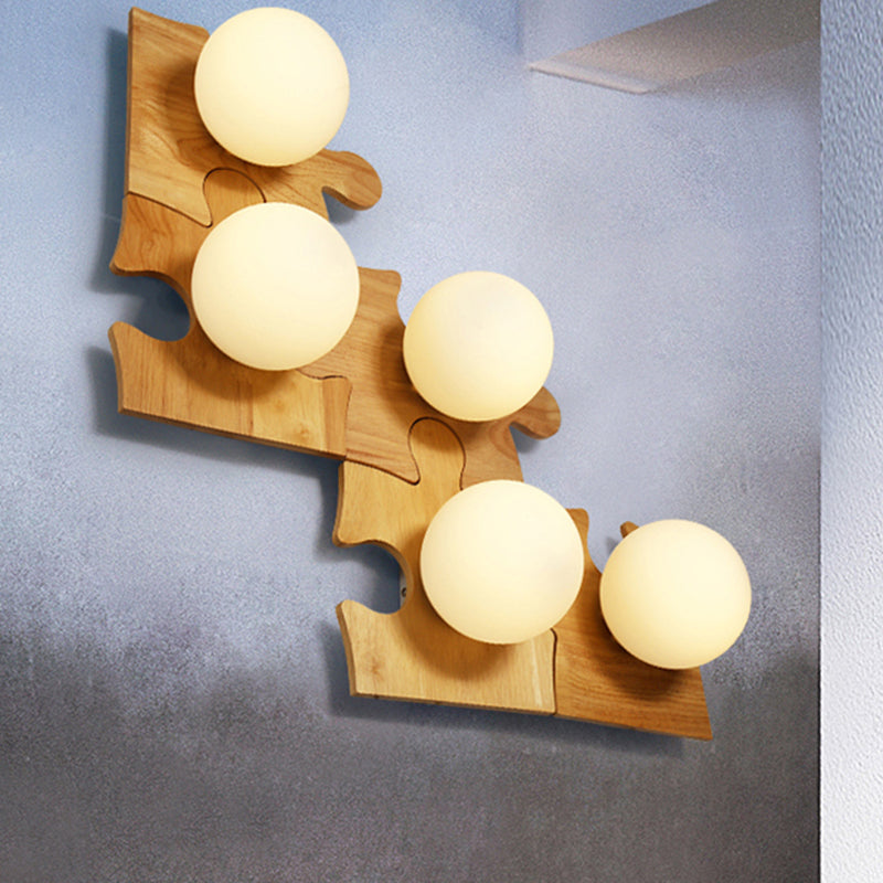 Japanese Style Orb Wall Light with Wooden Puzzle Base Glass 1 Light Beige Sconce Lamp for Corridor Kitchen