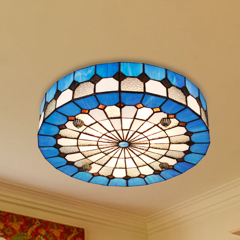 16"/23.5" W Round Ceiling Light Fixture Tiffany Style Stained Glass 3/4 Lights Flushmount Light in Blue for Living Room