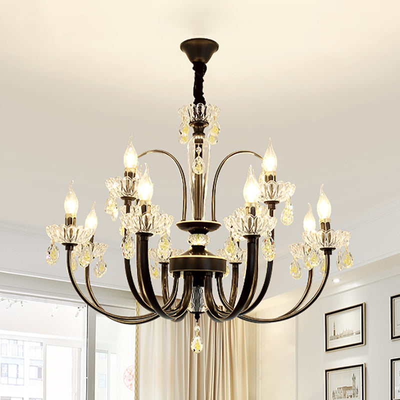 Black Candle Chandelier Lamp Rustic Metal 12/15 Lights Living Room Hanging Light Kit with Crystal Accent