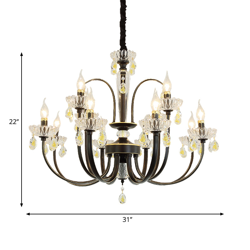 Black Candle Chandelier Lamp Rustic Metal 12/15 Lights Living Room Hanging Light Kit with Crystal Accent