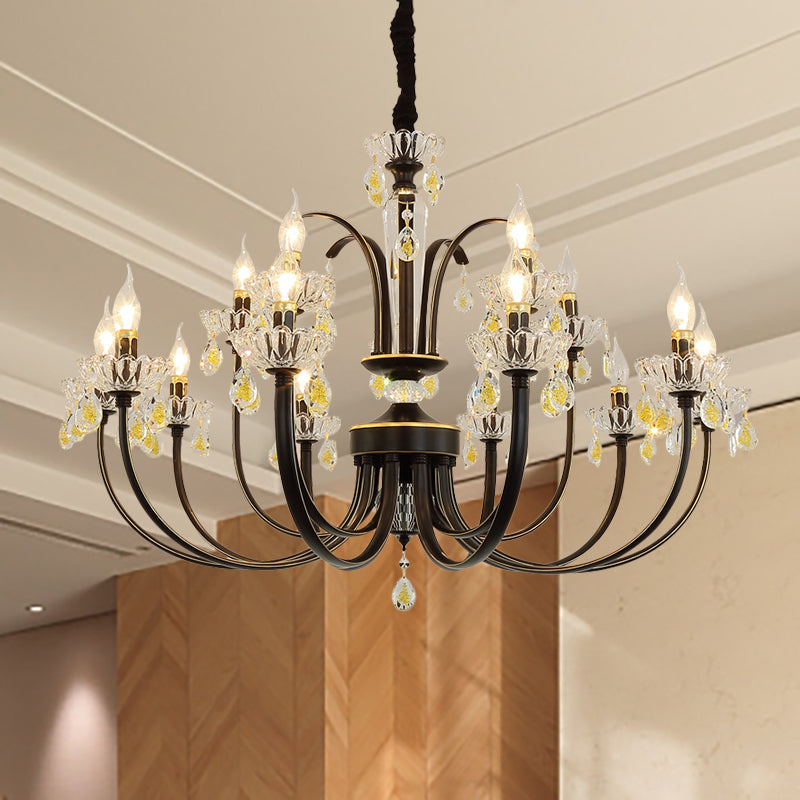 Black Candle Chandelier Lamp Rustic Metal 12/15 Lights Living Room Hanging Light Kit with Crystal Accent