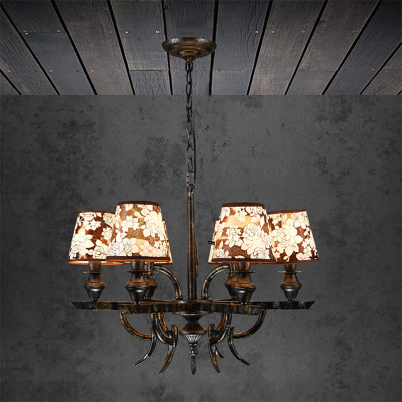 6 Lights Metal Hanging Chandelier Country Rust Tapered Dining Room Pendant Light Fixture with Fabric Shade