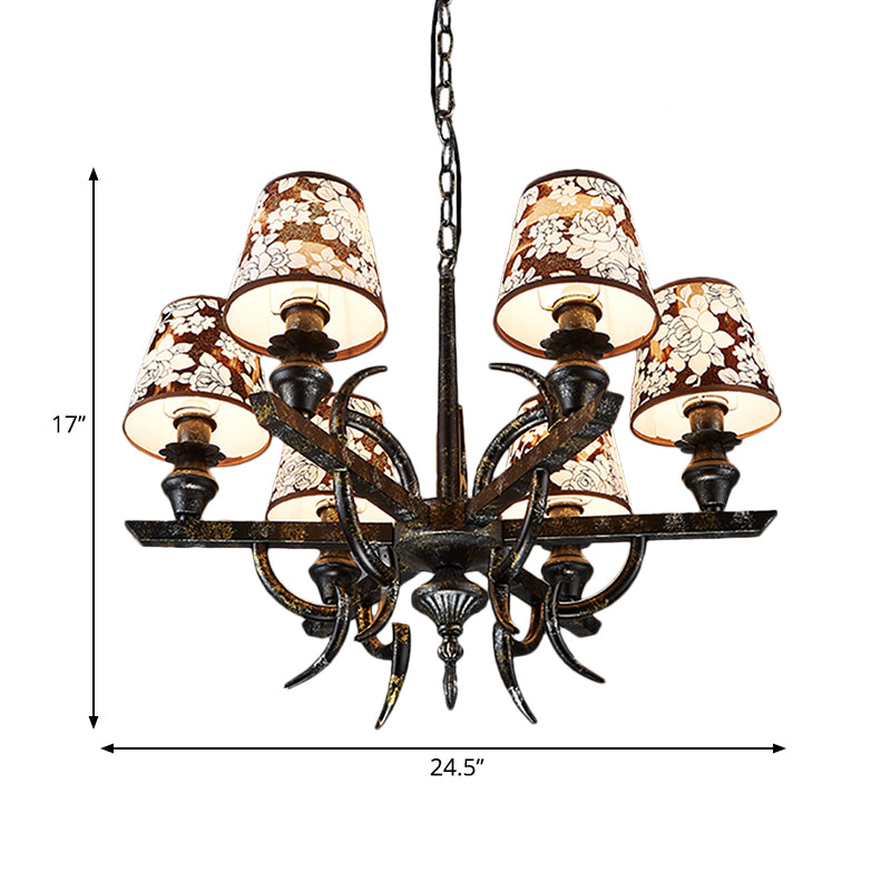 6 Lights Metal Hanging Chandelier Country Rust Tapered Dining Room Pendant Light Fixture with Fabric Shade