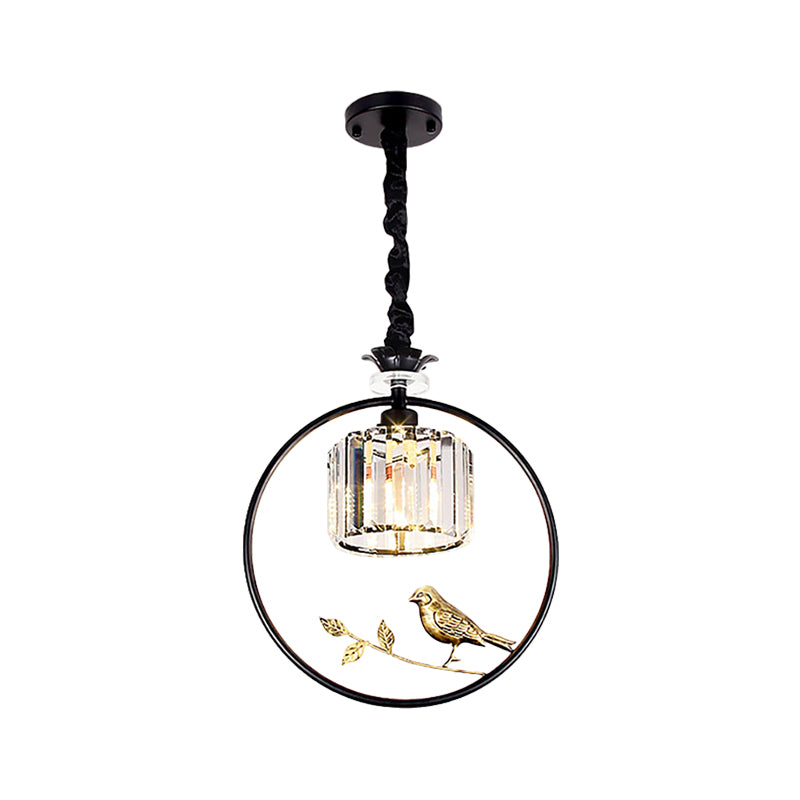 Cylinder Crystal Hanging Light Fixture Minimalist 1 Light Dining Room Pendant Lamp with Gold/Black Ring