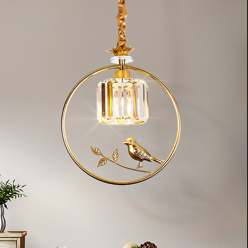 Cylindre Crystal suspendu luminaire minimaliste 1 pendentif de salle à manger légère avec anneau or / noir