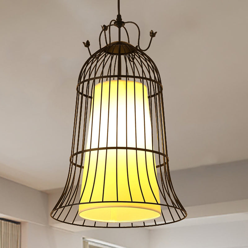 Bell White Glass Hanging Light Vintage 1 Light Dining Room Pendant Light with Black Wire Cage, 10"/14" Wide