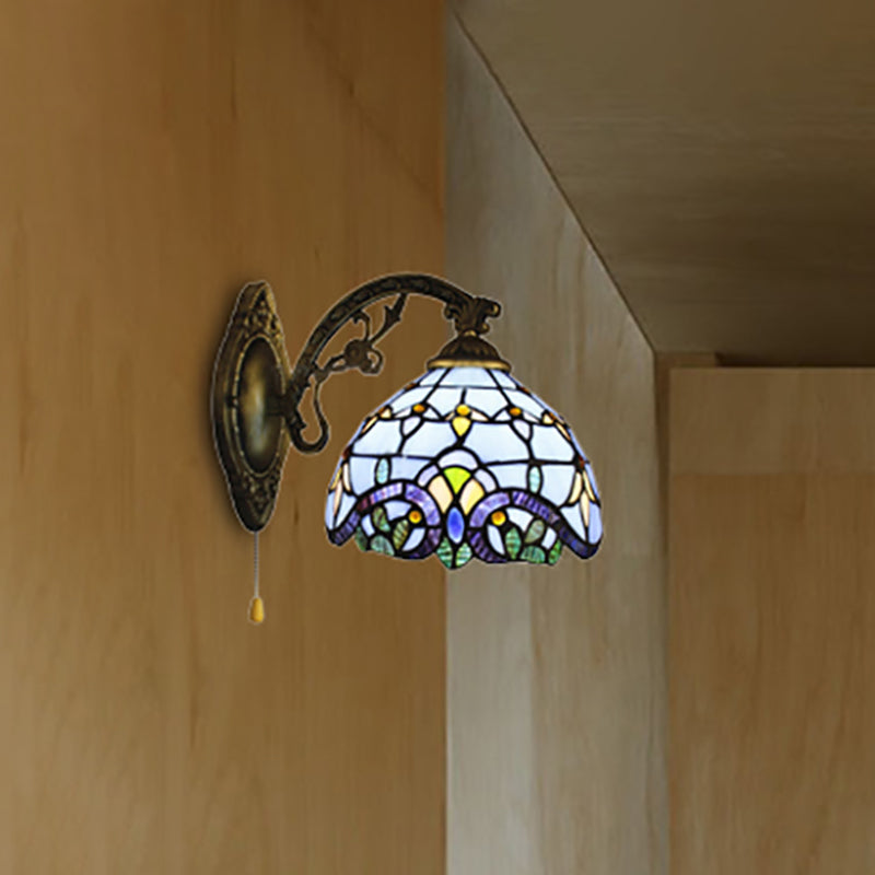 1 Light Dome Wall Lamp with Pull Chain Baroque Style Stained Glass Wall Sconce Light in Sky Blue/Navy Blue
