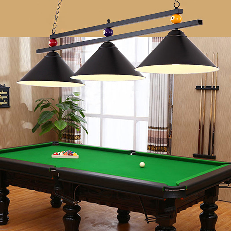 Industrial Style Cone Shade Ceiling Pendant 3 Heads Metal Island Lighting with Billiard Ball Deco in Black/Red