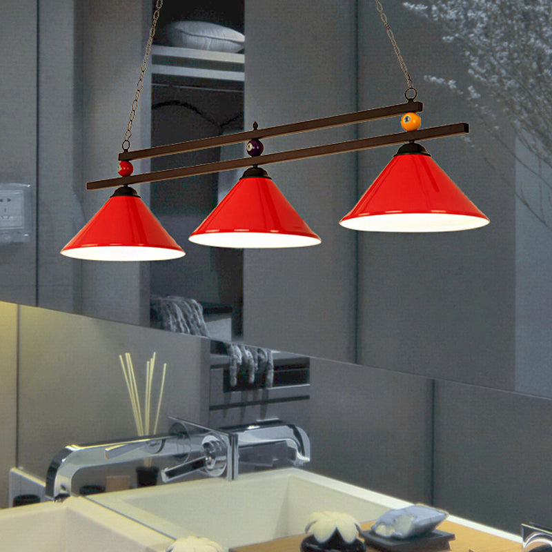 Industrial Style Cone Shade Ceiling Pendant 3 Heads Metal Island Lighting with Billiard Ball Deco in Black/Red