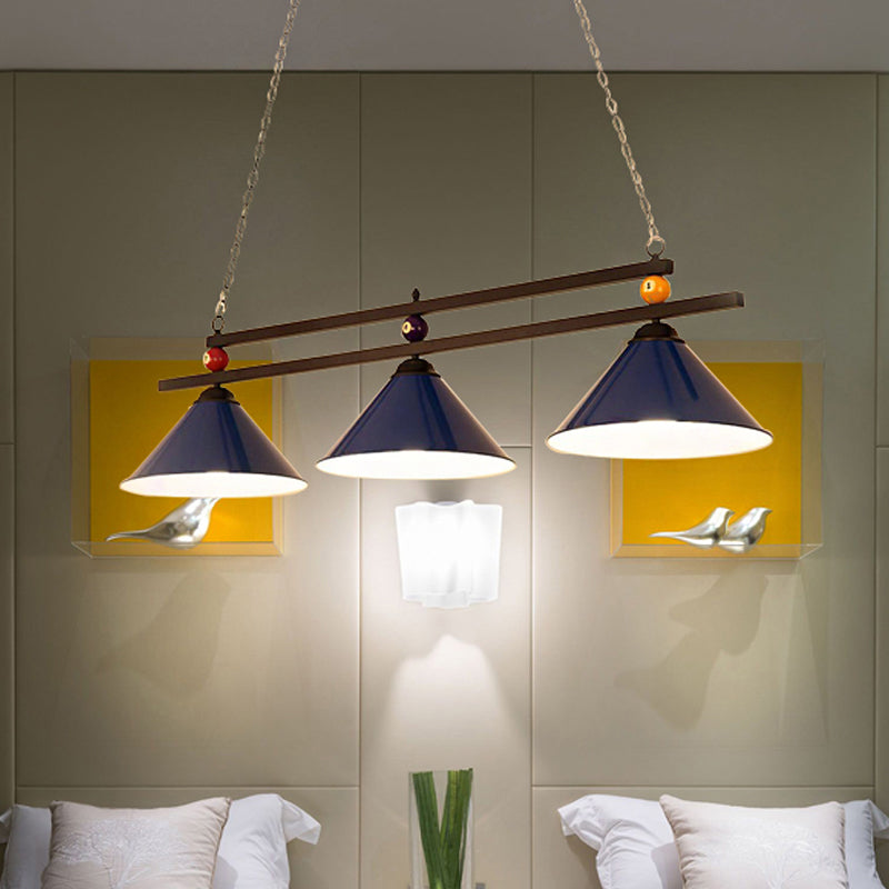 Industrial Style Cone Shade Ceiling Pendant 3 Heads Metal Island Lighting with Billiard Ball Deco in Black/Red