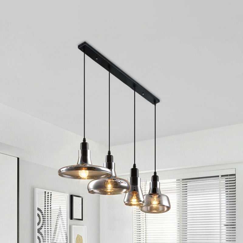 4 Lights Round/Linear Canopy Multi Pendant with Different Shade Smoked Glass Modern Dining Room Hanging Ceiling Light
