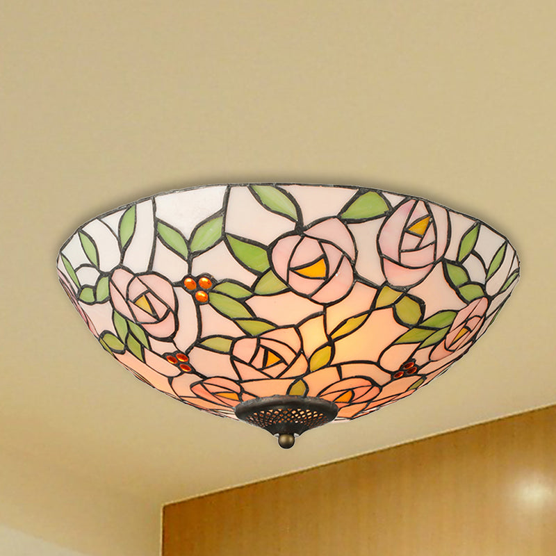 Bowl Flushmount Light Tiffany Style Stained Glass 3 Lights Flower Flush Mount Ceiling Fixture in Multicolor