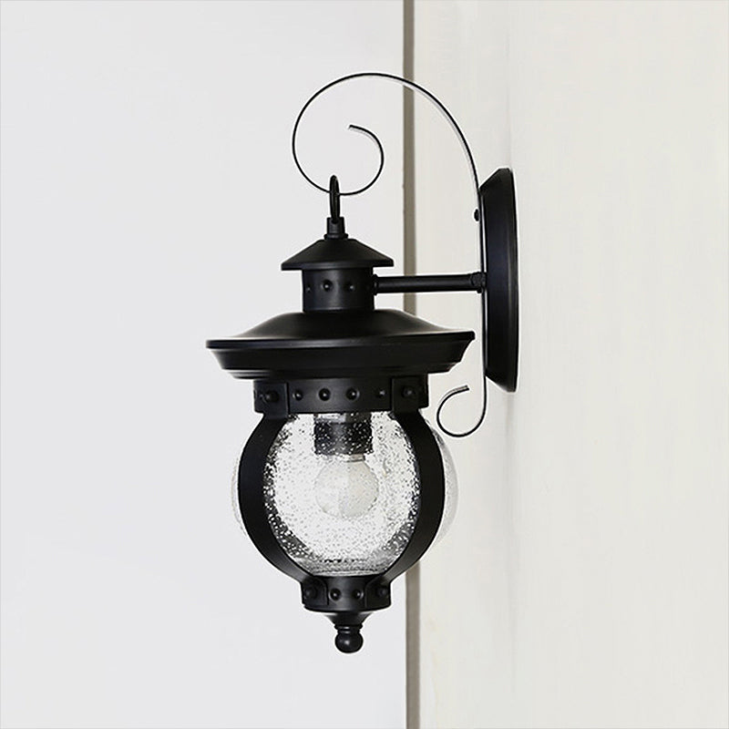 1 Light Seedy Glass Wall Sconce Light Rustic Black Lantern Bedroom Lighting Fixture