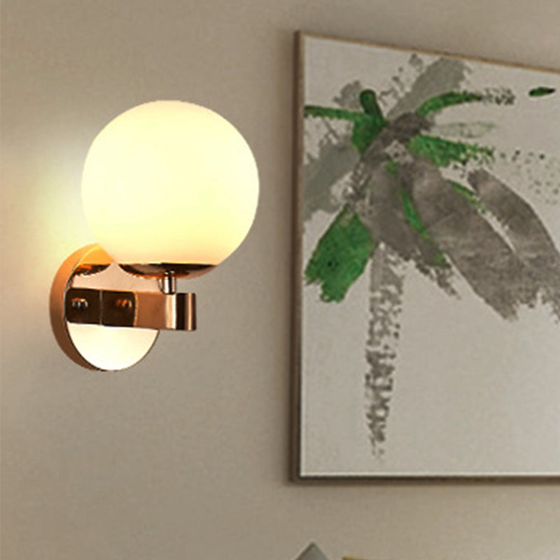Chrome/Gold Round Wall Lighting Industrial Opal Glass 1 Light Bedroom Sconce Light Fixture