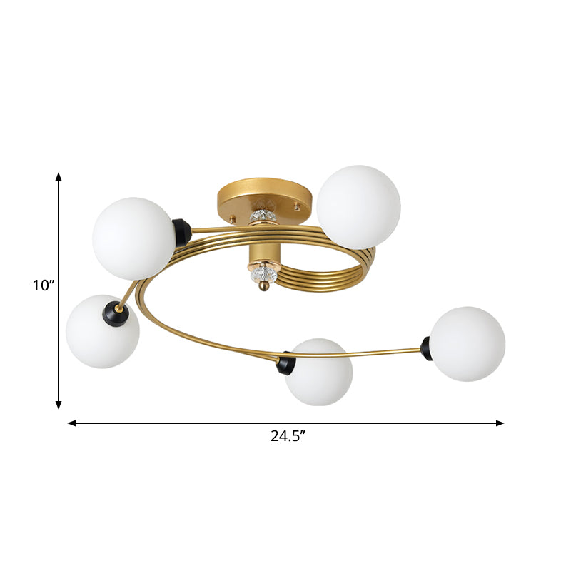Gold Spiral Semi Flush Lighting Nordic 3/5 Lichter Deckeneinbau mit Orb Klar/Milch/Weiß Glasschirm