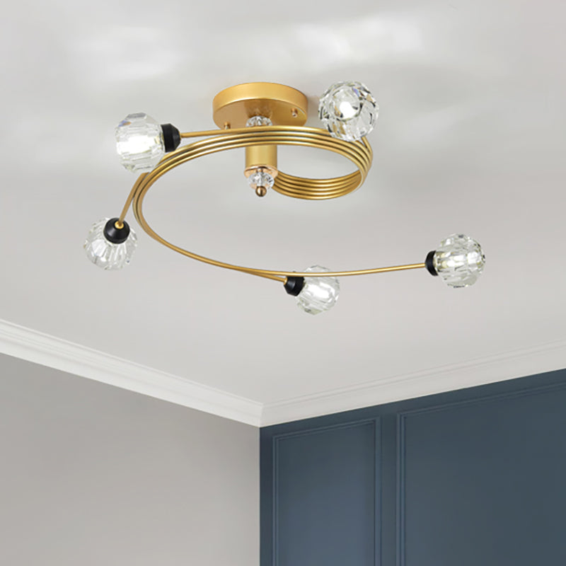Gold Spiral Semi Flush Lighting Nordic 3/5 Lichter Deckeneinbau mit Orb Klar/Milch/Weiß Glasschirm