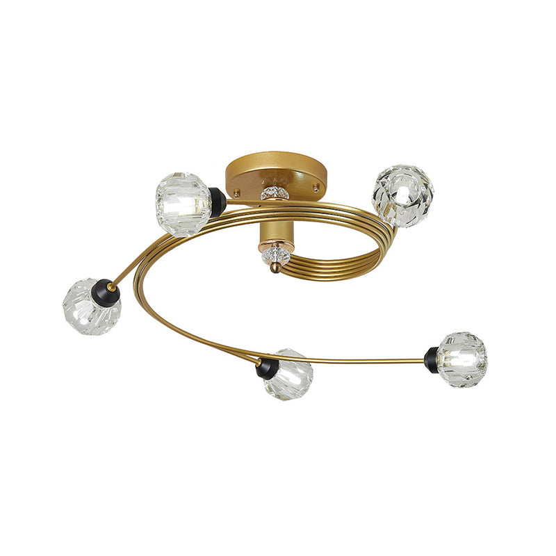 Gold Spiral Semi Flush Lighting Nordic 3/5 Lichter Deckeneinbau mit Orb Klar/Milch/Weiß Glasschirm