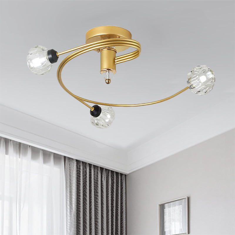 Gold Spiral Semi Flush Lighting Nordic 3/5 Lichter Deckeneinbau mit Orb Klar/Milch/Weiß Glasschirm