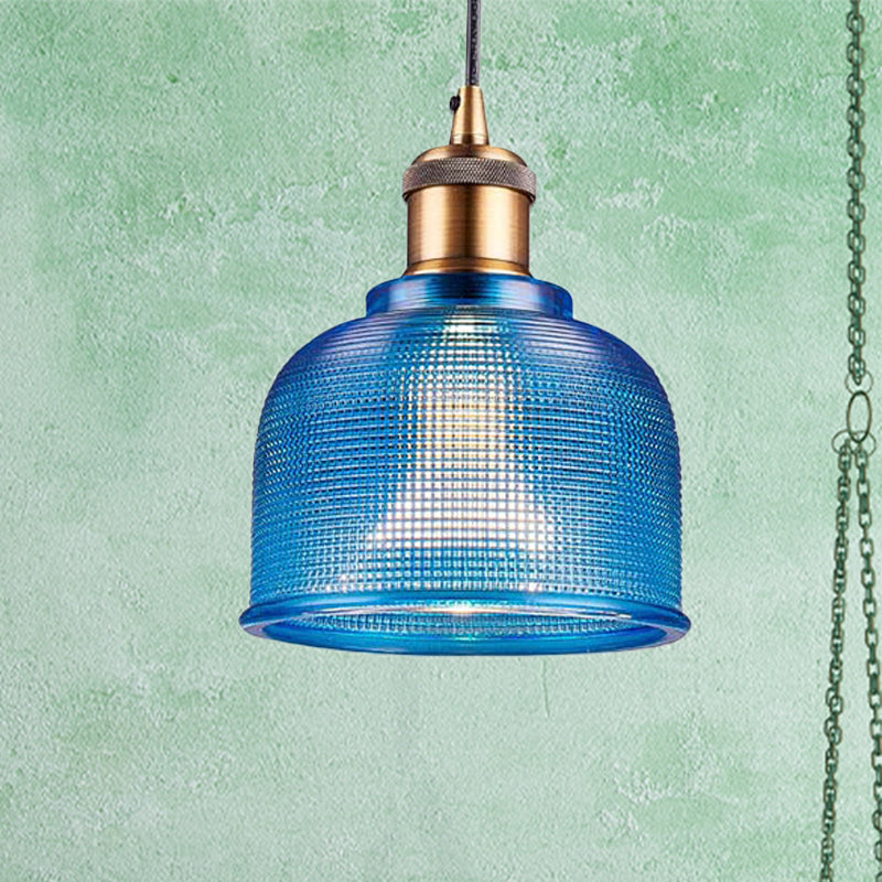 Single Light Dome Pendant Lighting Fixture Industrial Brass Prismatic Glass Hanging Ceiling Light in Red/Bronze/Blue