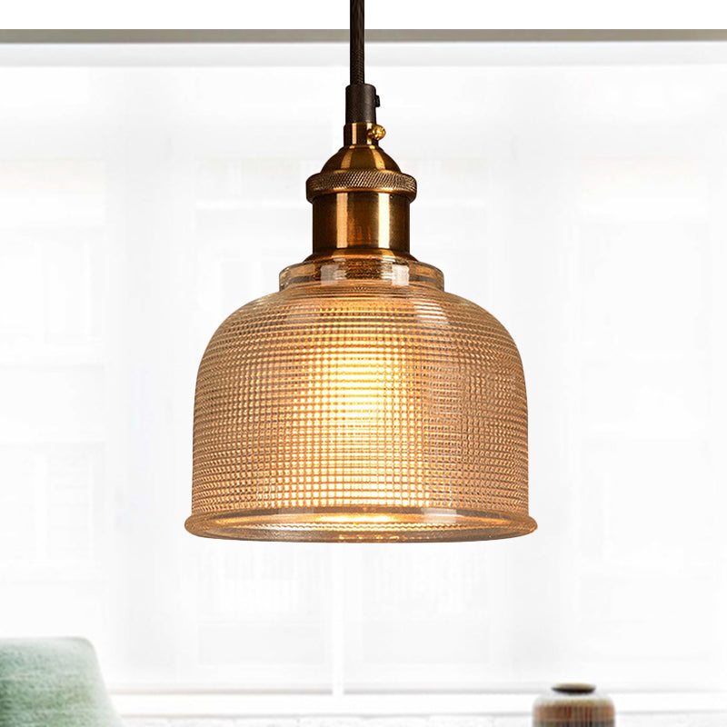 Single Light Dome Pendant Lighting Fixture Industrial Brass Prismatic Glass Hanging Ceiling Light in Red/Bronze/Blue