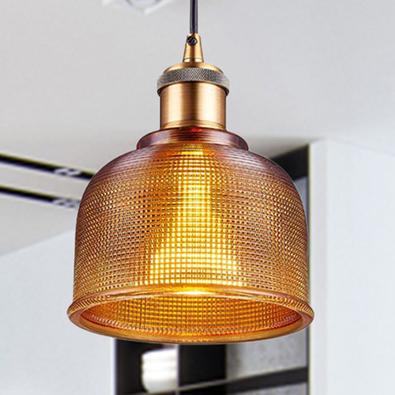 Single Light Dome Pendant Lighting Fixture Industrial Brass Prismatic Glass Hanging Ceiling Light in Red/Bronze/Blue