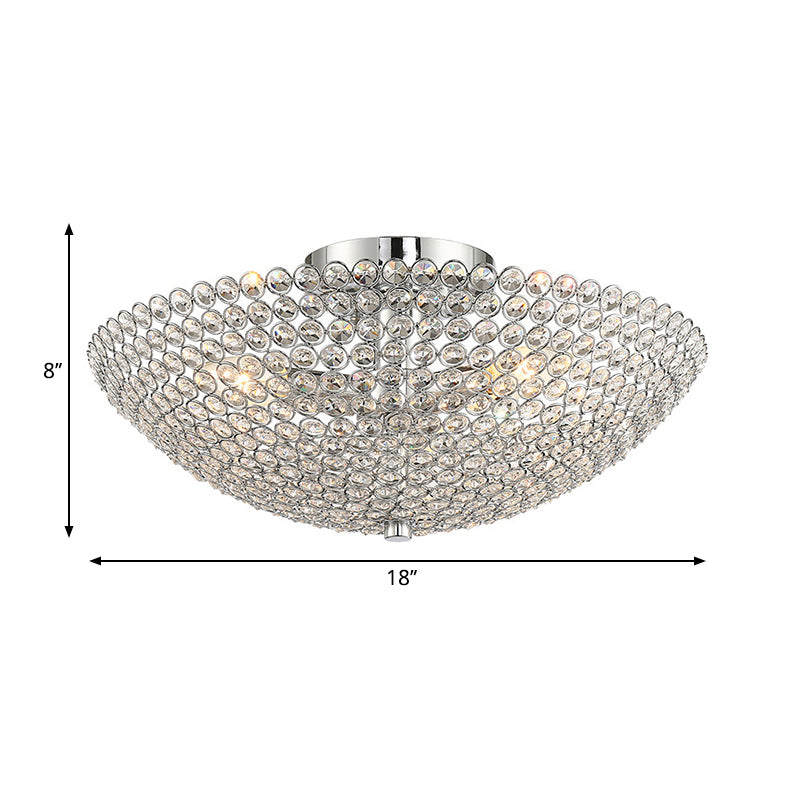 Clear K9 Crystal Bowl Semi Ceiling Flush Mount Contemporary Triple Light Chrome Close to Ceiling Light