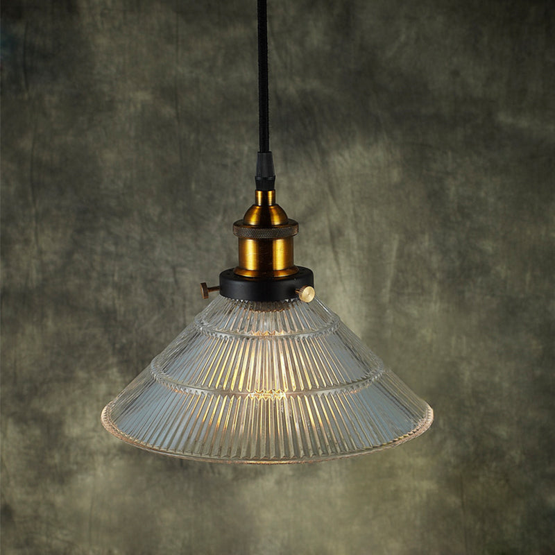 Schwarz/Messingkegel-Anhänger Deckenleuchte Bauernhaus Rippenglas Single-Bulb-Esszimmer Hängende Lampe