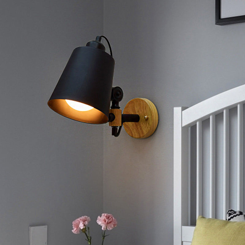 Bucket Shade Metal Wall Lamp Modernism 1 Light Corridor Wall Mount Light with Wooden Backplate in Black/White