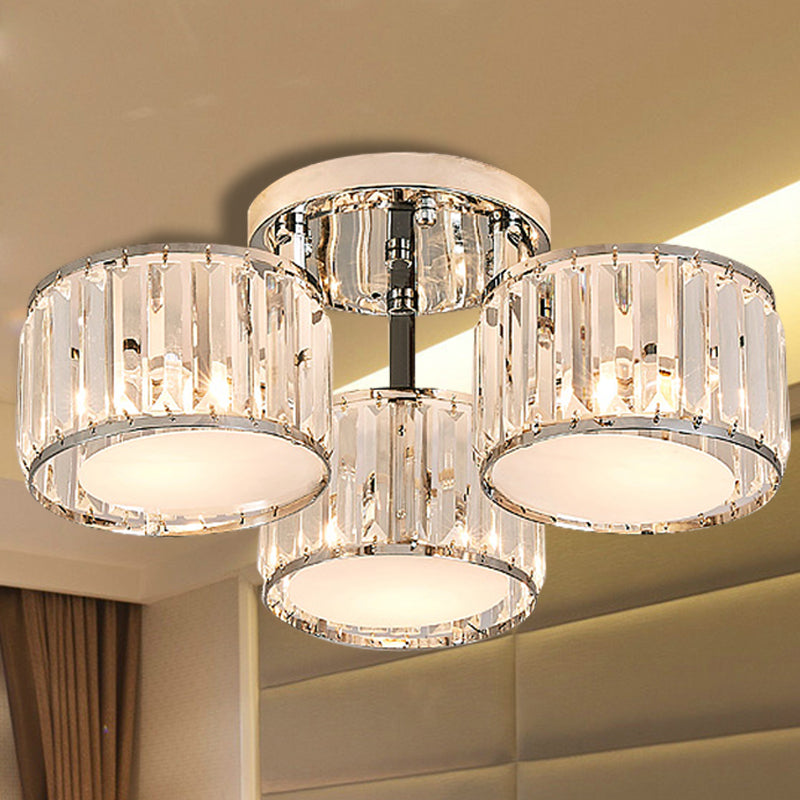 Crystal Drum Flush Mount Modernist 3/5/7 Heads Living Room Ceiling Lamp in Chrome Finish