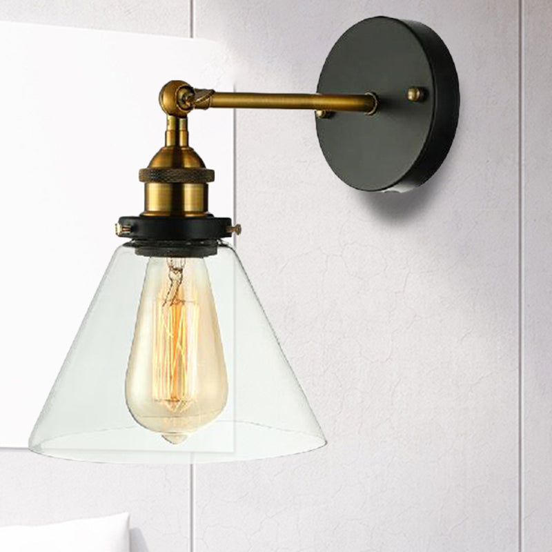 One Bulb Clear Glass Sconce Light Fixture Industrial Black Conical Bedroom Wall Lamp