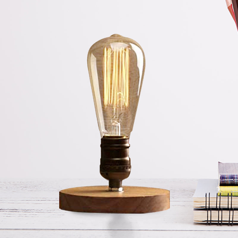 Wooden Circular Base Table Light with Exposed Bulb Farmhouse 1 Light Bedside Standing Lamp in Brass
