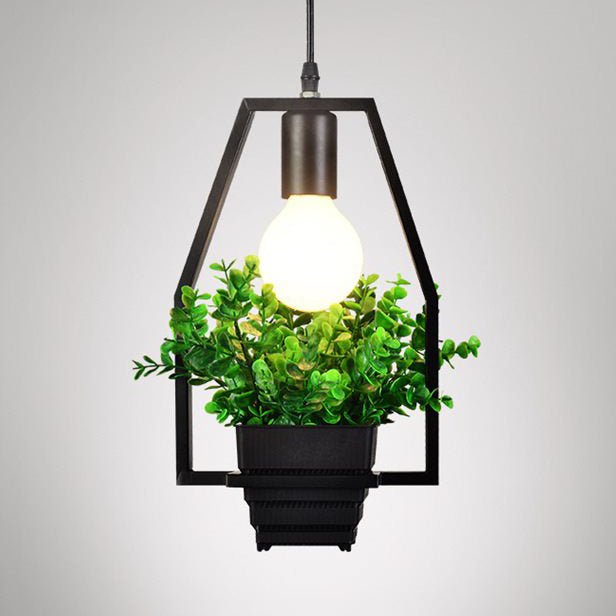 1 plantador ligero y marco colgante estilo industrial lámpara de metal de acabado negro para balcón para balcón