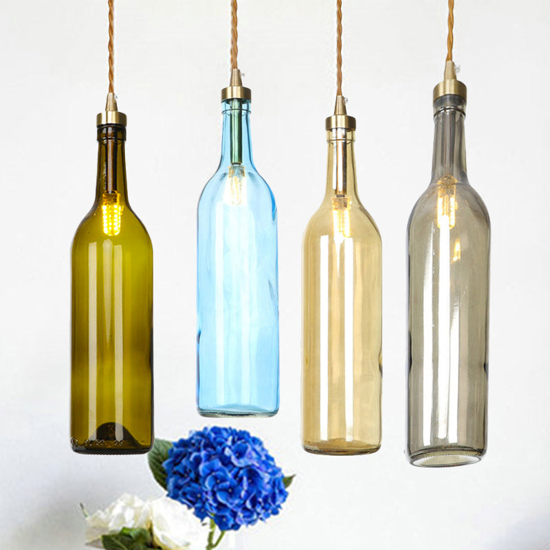 Industrial Wine Bottle Hanging Lamp 1 Light Glass Ceiling Pendant Light with Adjustable Cord in Smoke Grey/Green