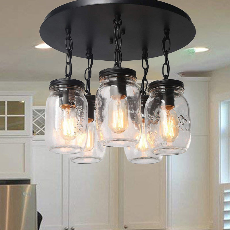 Mason Jar Etched Clear Glass Semi Flush Industrial 3/5-Bulb Dining Room Light Fixture