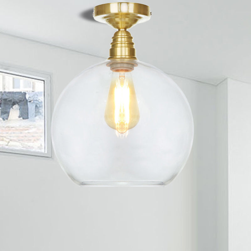 1 Light Spherical Semi Flush Light Brass Industrial Clear/Amber Glass Ceiling Mount, 8"/10"/12" Wide
