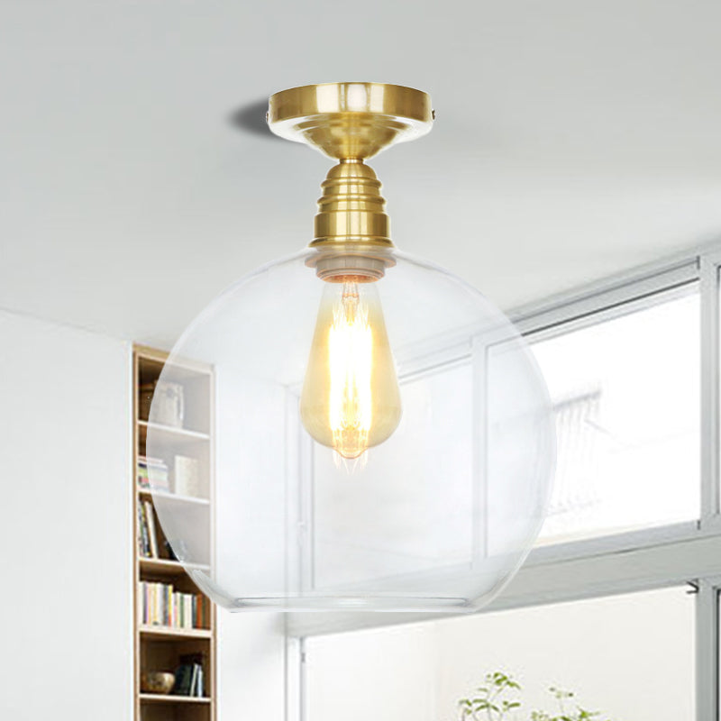 1 Light Spherical Semi Flush Light Brass Industrial Clear/Amber Glass Ceiling Mount, 8"/10"/12" Wide