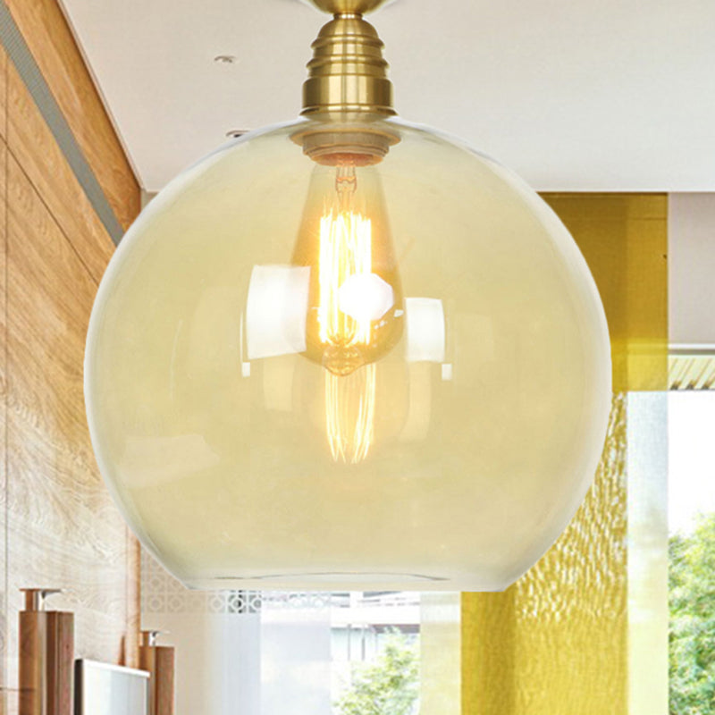 1 Light Spherical Semi Flush Light Brass Industrial Clear/Amber Glass Ceiling Mount, 8"/10"/12" Wide