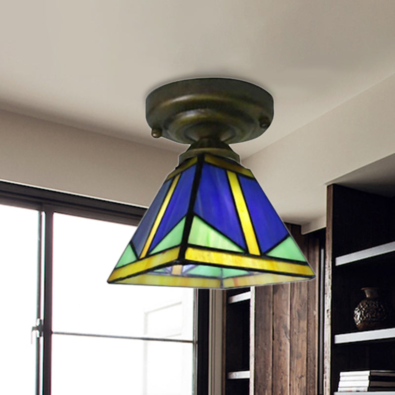 Vintage Tiffany Blue Ceiling Light Pyramid One Light Glass Small Flushmount Light for Hallway