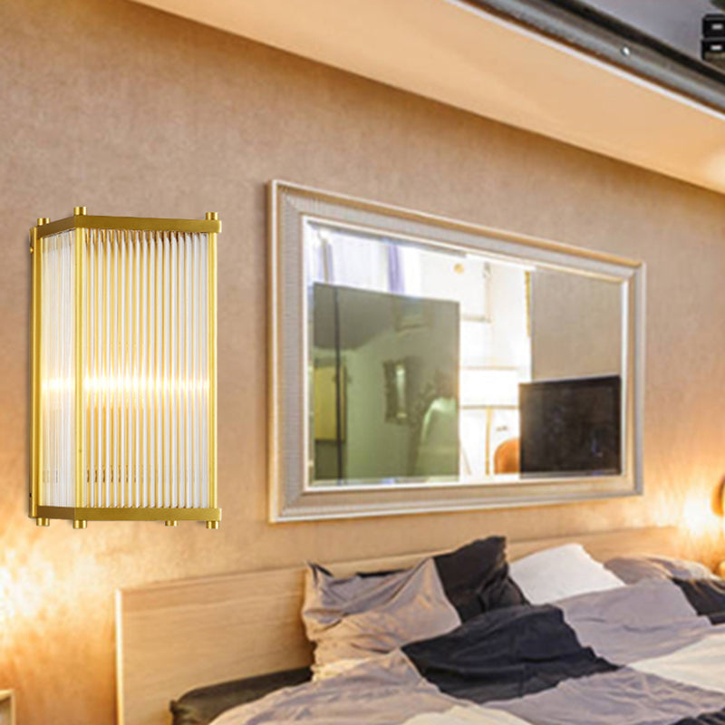 Gold Rectangular/Cylinder Wall Sconce Light Modern 1/2 Lights Fluted Crystal Wall Light Fixture for Living Room