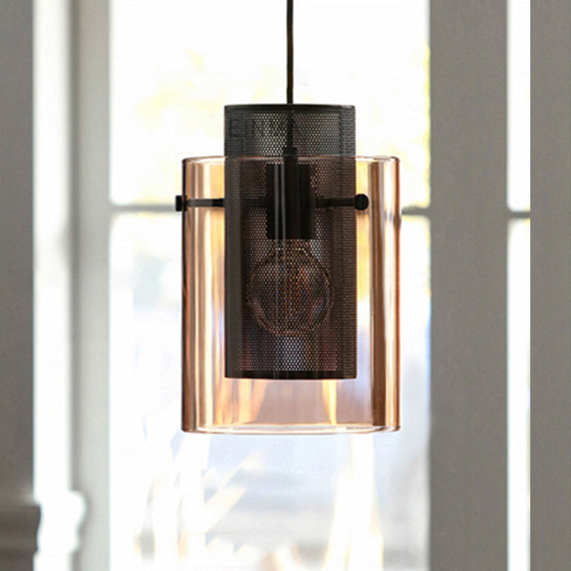 Amber Cylinder Pendant Lamp with Hollow Mesh Screen 1 Bulb Modern Hanging Light for Kitchen