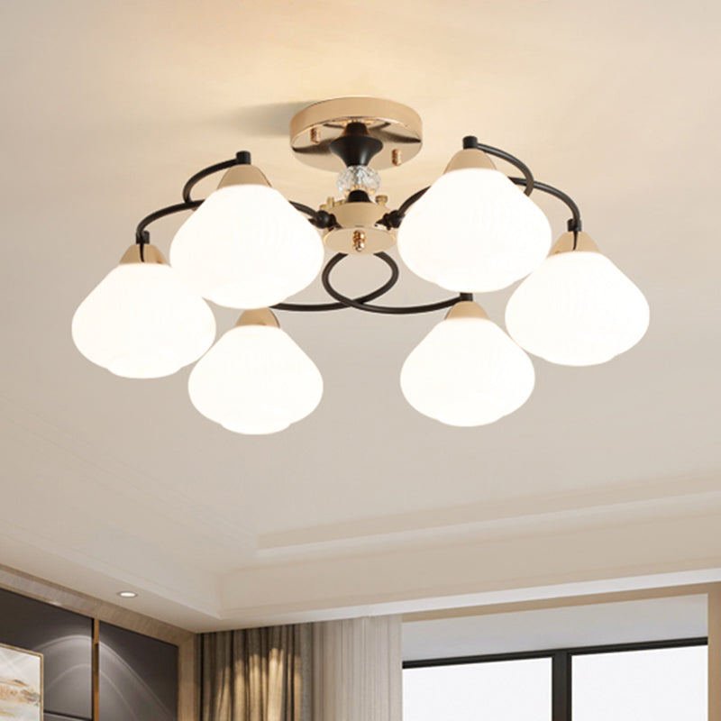Elegante Urna Shade Semi Flushmount Light 6 Heads Opal Glass Affermazione in bianco per soggiorno
