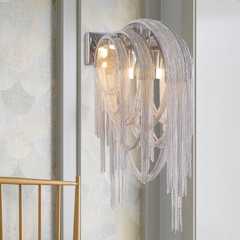 Tassel Sconce Light Fixture Modern Metal Chain 2 Lights Bedroom Wall Light Sconce in Chrome