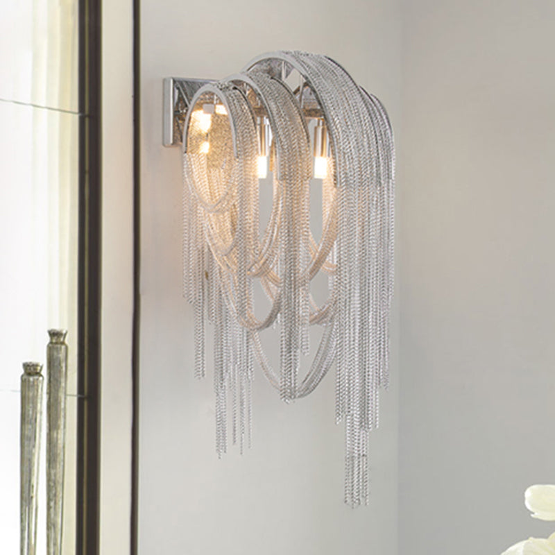 Tassel Sconce Light Fixture Modern Metal Chain 2 Lights Bedroom Wall Light Sconce in Chrome