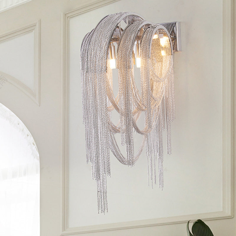 Tassel Sconce Light Fixture Modern Metal Chain 2 Lights Bedroom Wall Light Sconce in Chrome