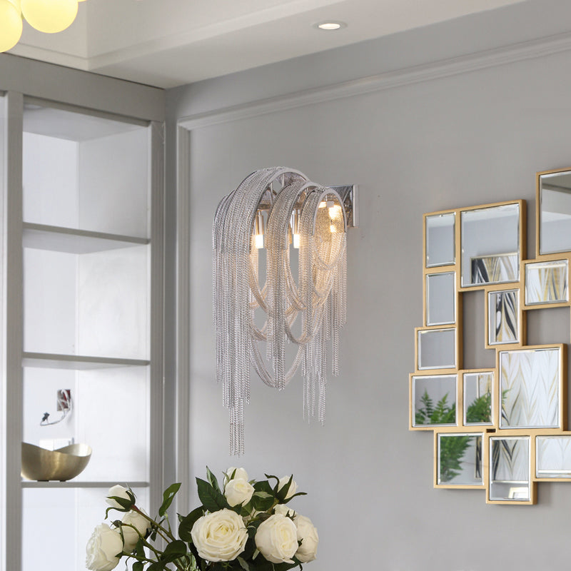 Tassel Sconce Light Fixture Modern Metal Chain 2 Lights Bedroom Wall Light Sconce in Chrome
